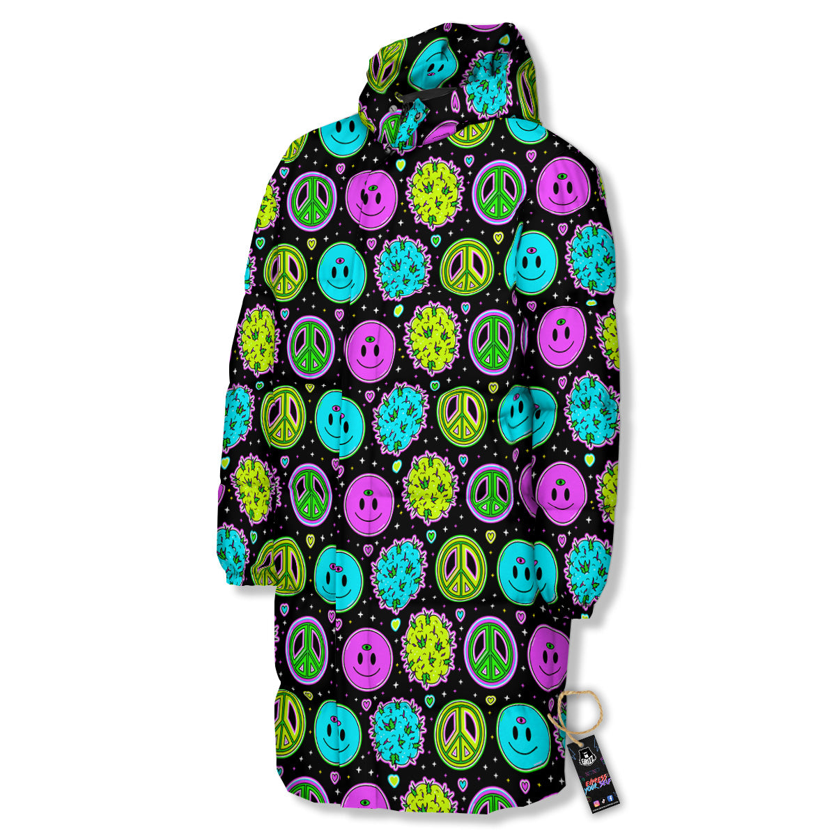 Hippie Peace Symbol And Weed Print Pattern Long Down Jacket