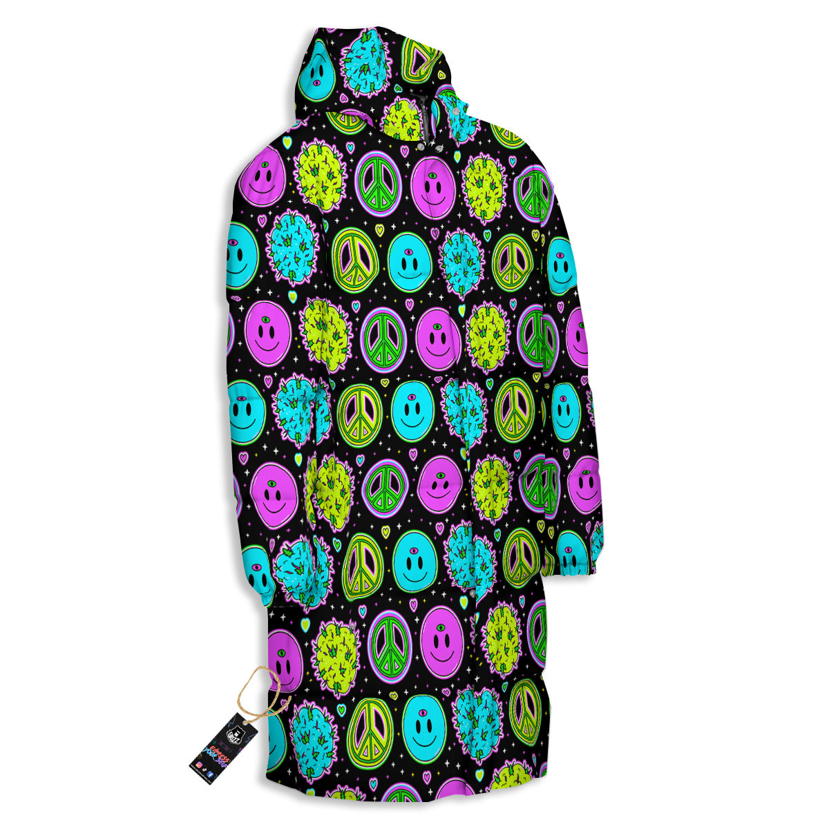 Hippie Peace Symbol And Weed Print Pattern Long Down Jacket