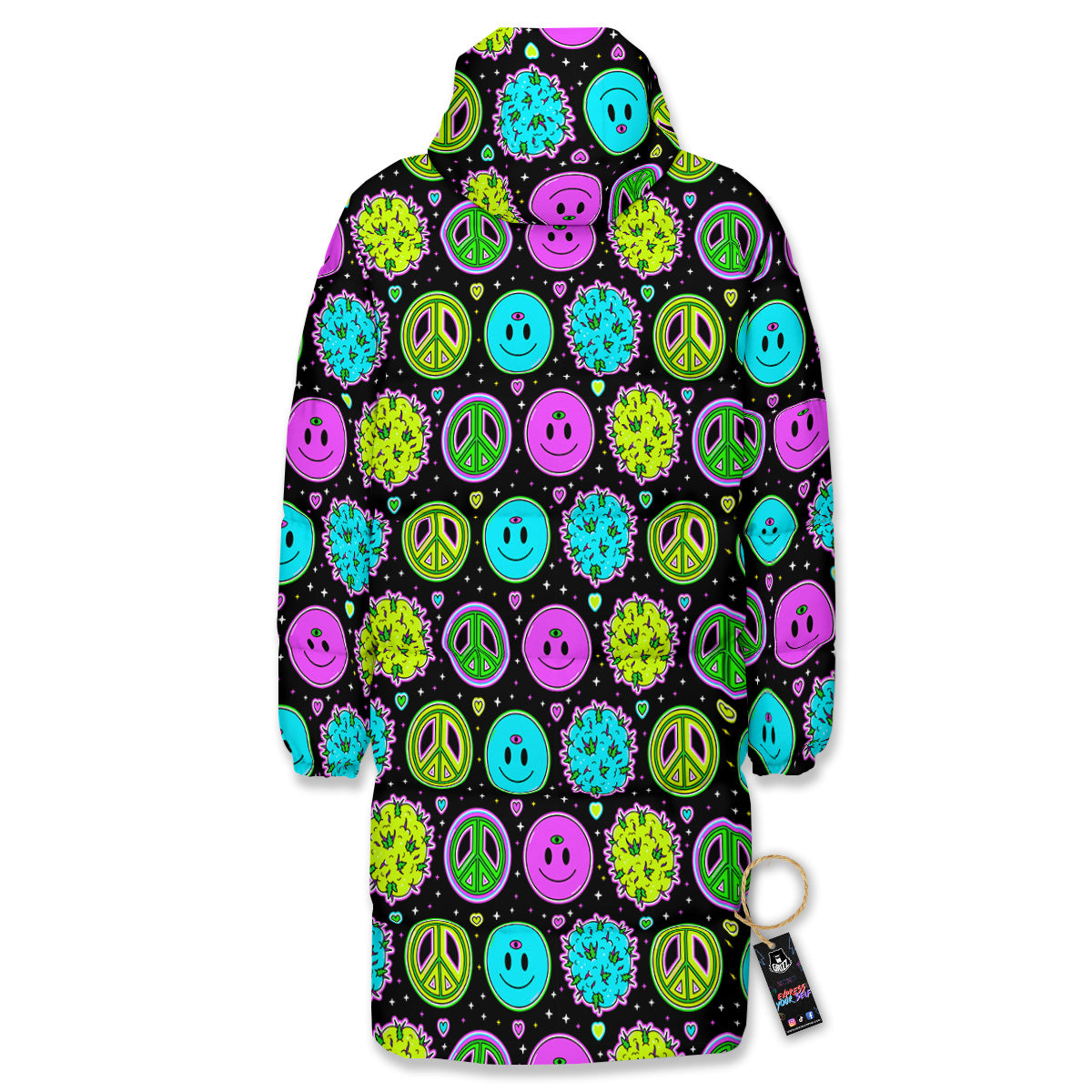 Hippie Peace Symbol And Weed Print Pattern Long Down Jacket