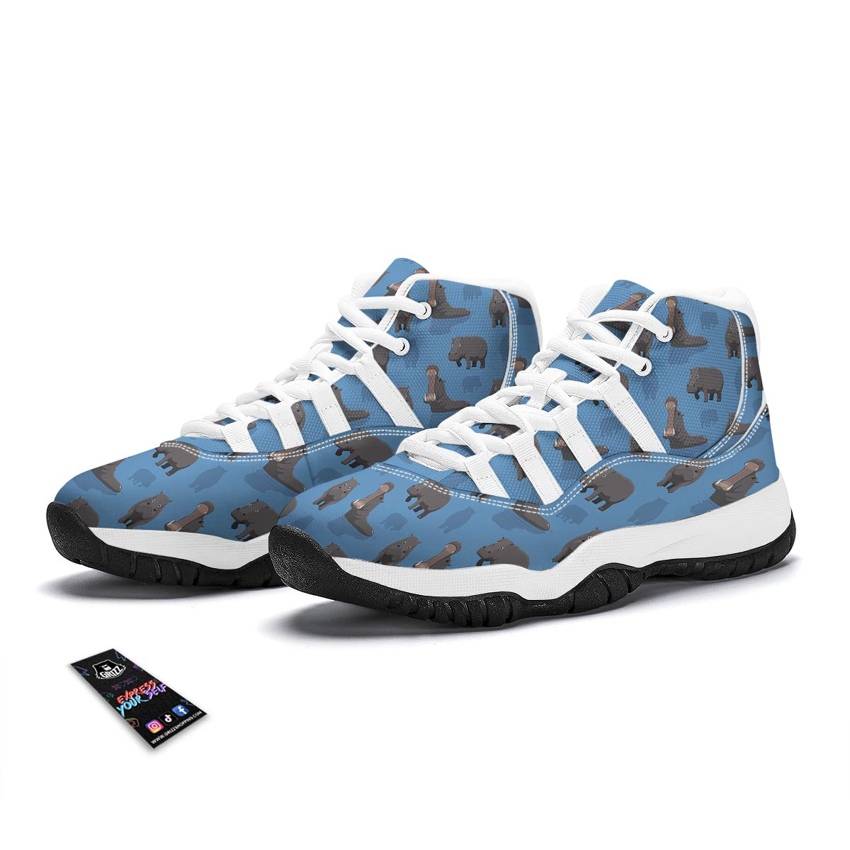 Hippo Pattern Print White Bball Shoes-grizzshop