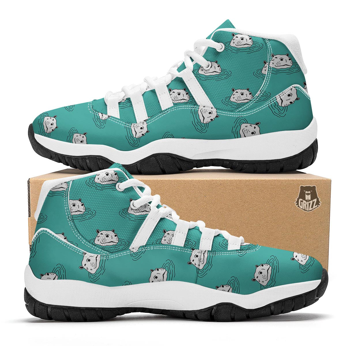 Hippo Print Pattern White Bball Shoes-grizzshop