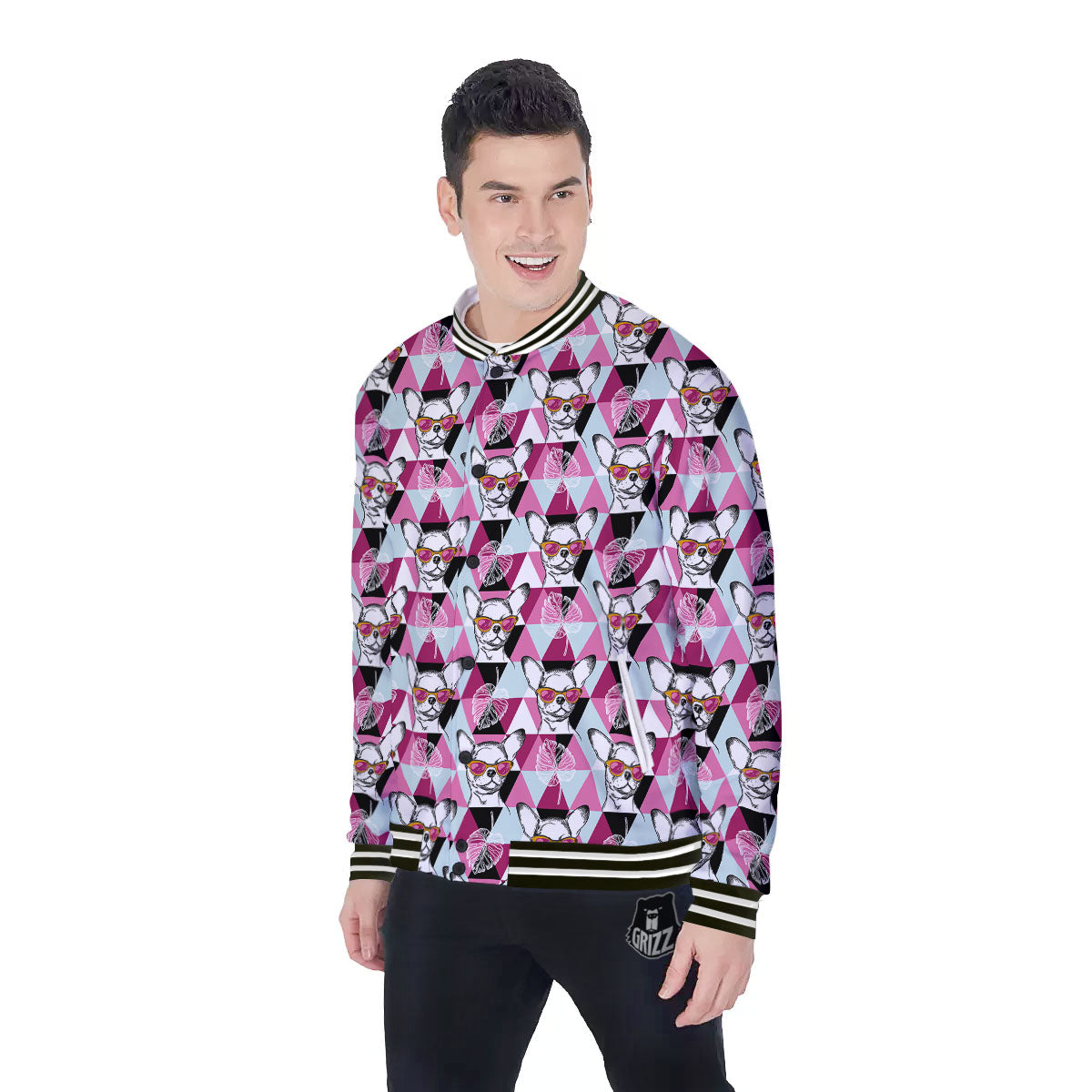 Hipster Chihuahua Print Pattern Baseball Jacket-grizzshop
