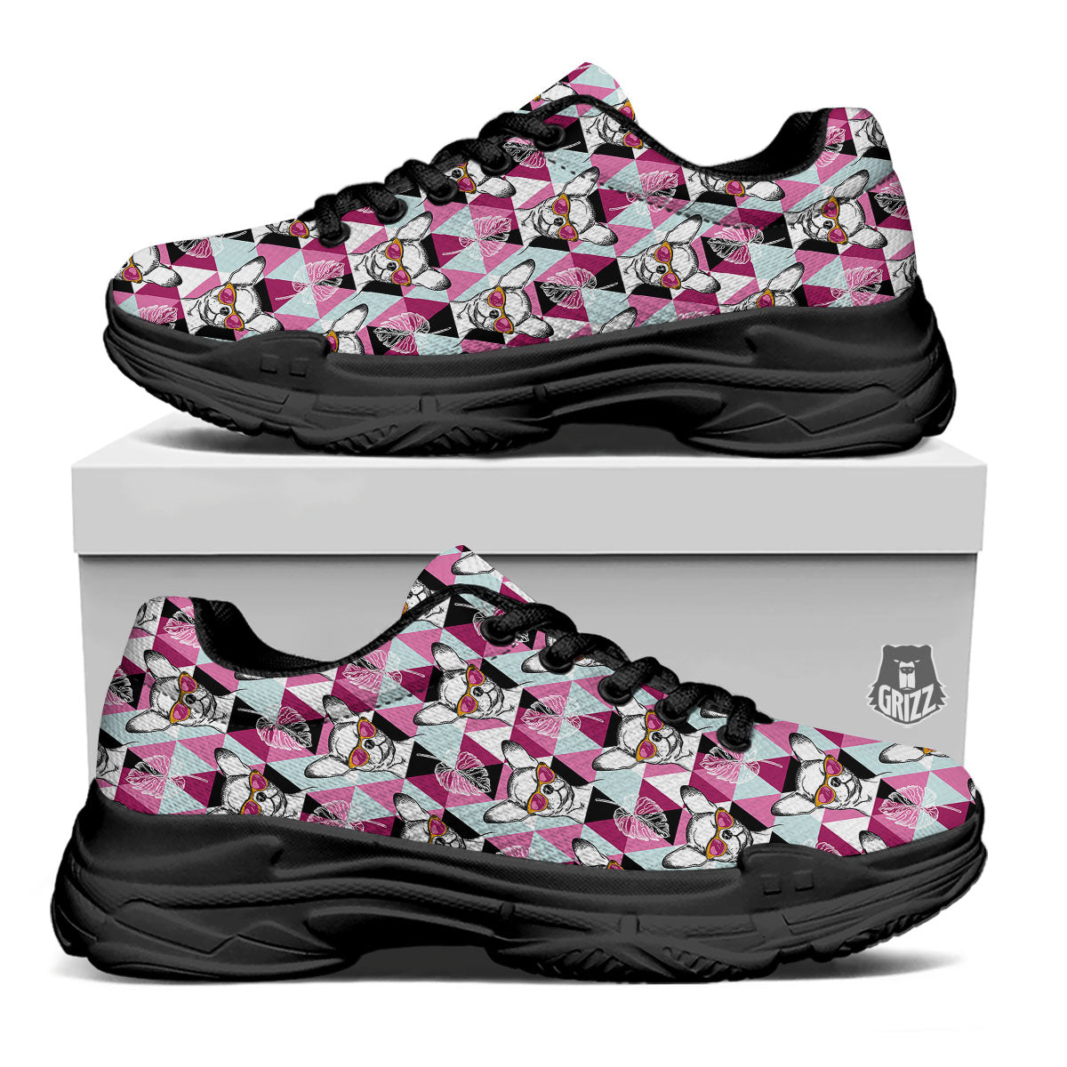 Hipster Chihuahua Print Pattern Black Chunky Shoes-grizzshop