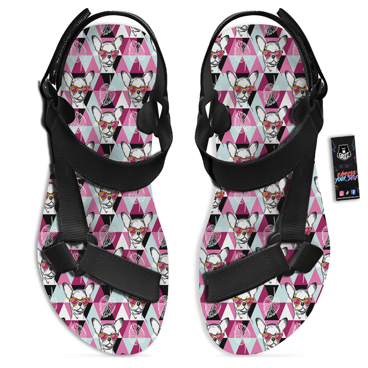 Hipster Chihuahua Print Pattern Black Open Toe Sandals-grizzshop