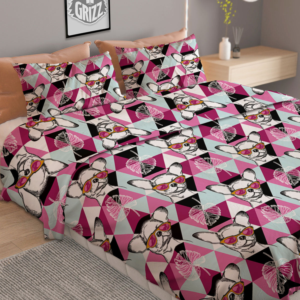 Hipster Chihuahua Print Pattern Duvet Cover Bedding Set