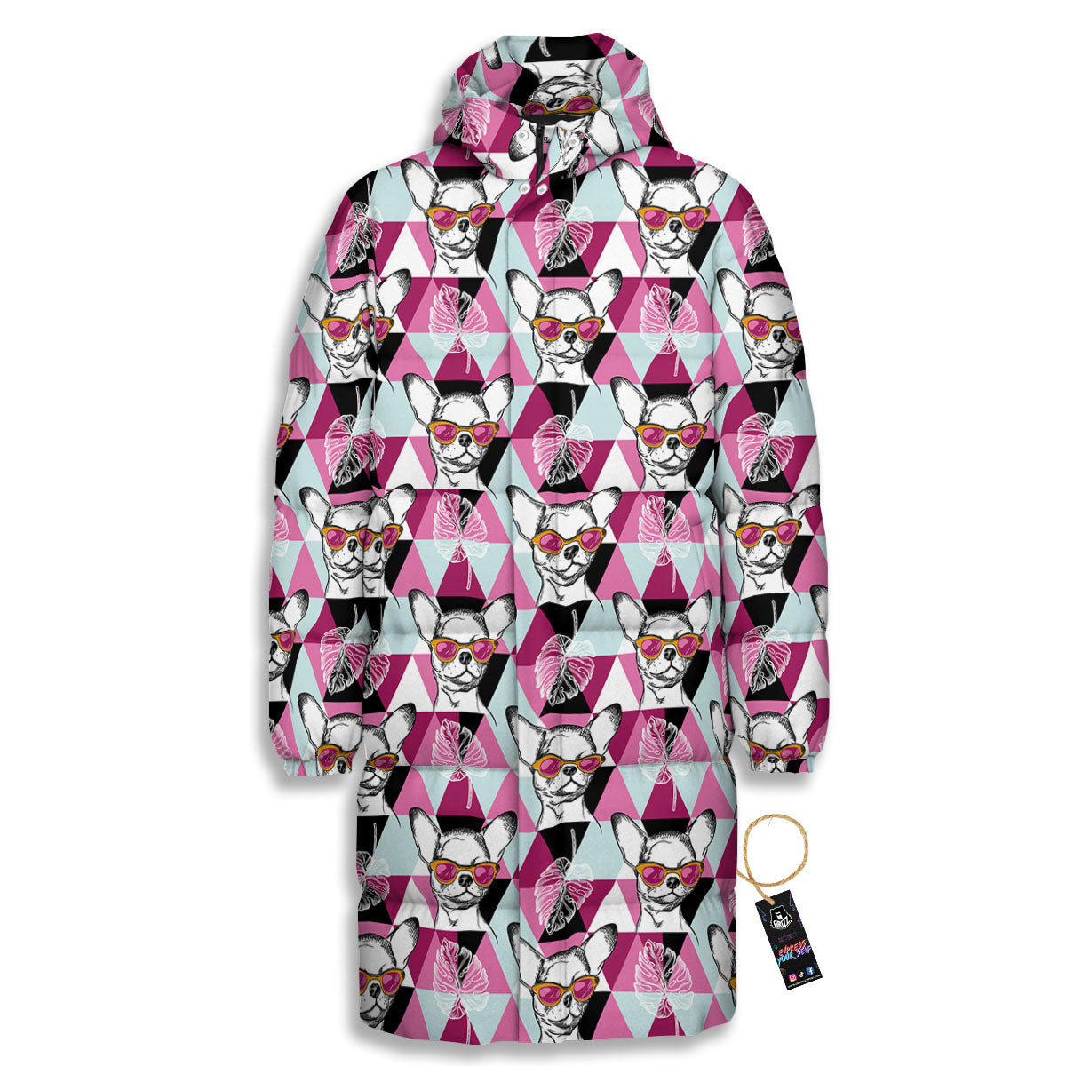 Hipster Chihuahua Print Pattern Long Down Jacket-grizzshop