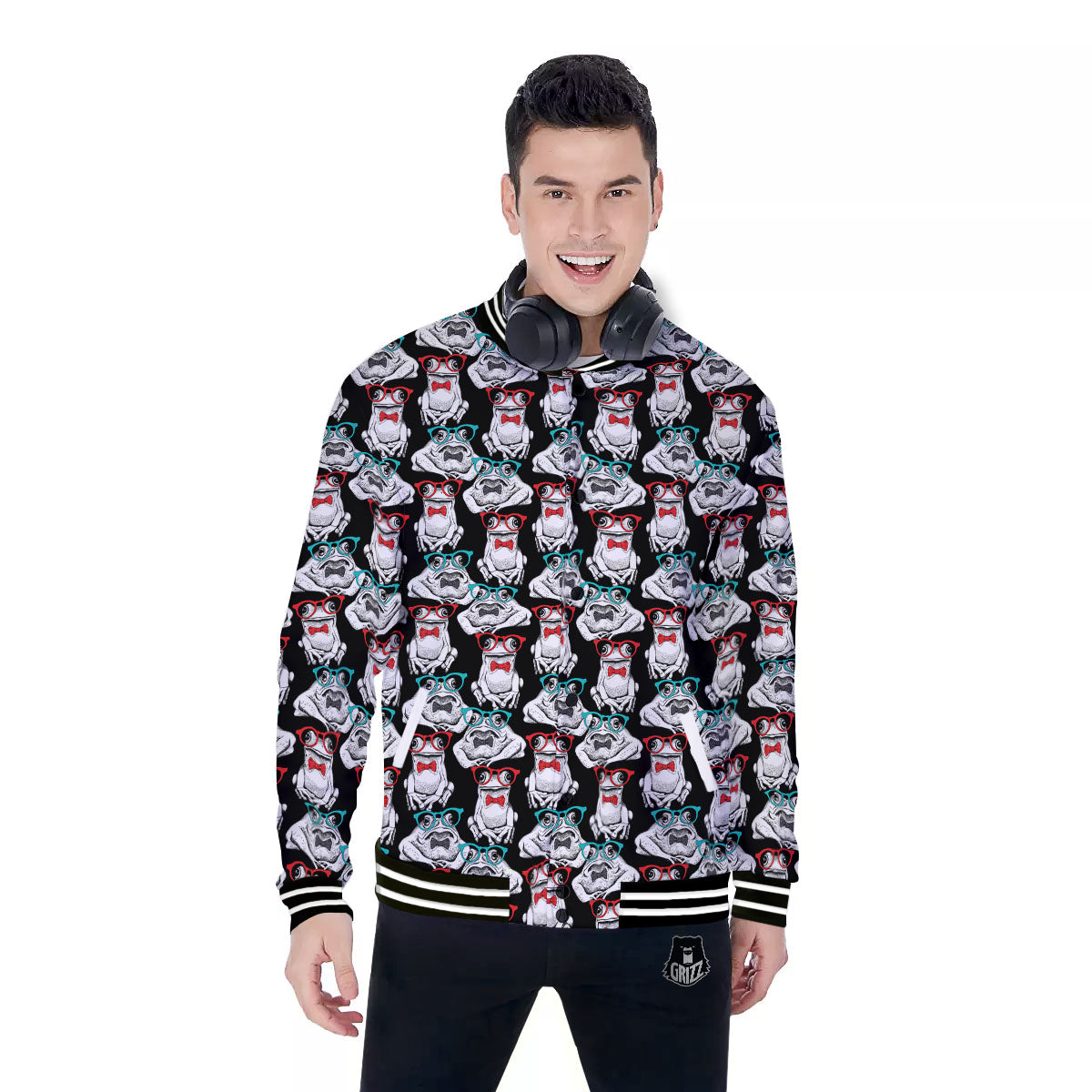 Hipster Frog Print Pattern Baseball Jacket-grizzshop