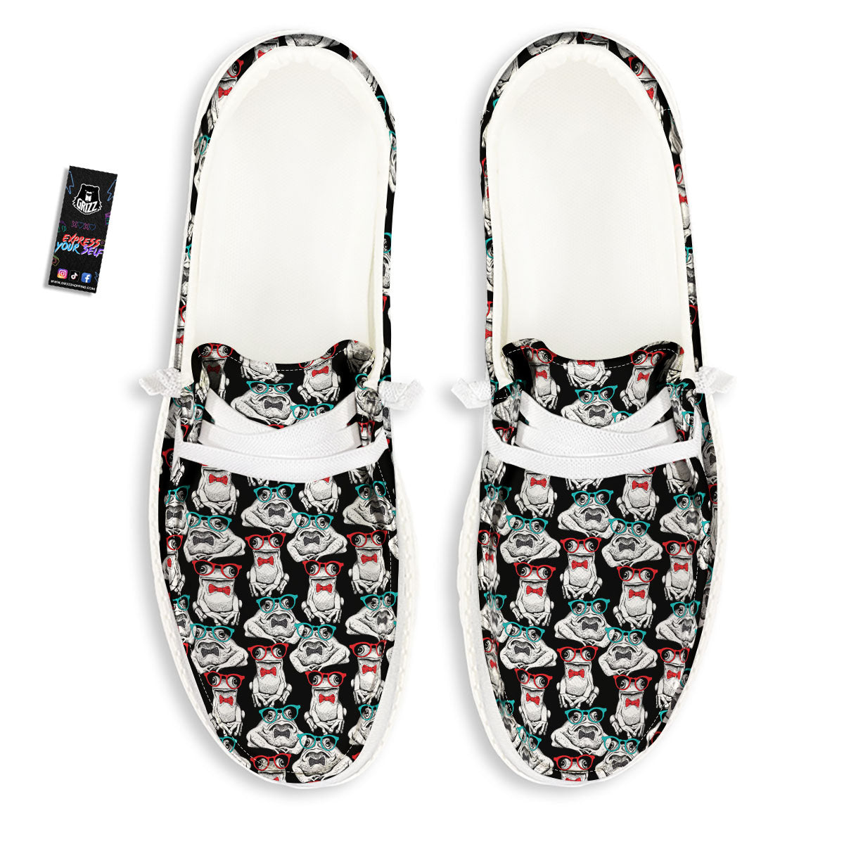Hipster Frog Print Pattern White Loafers-grizzshop