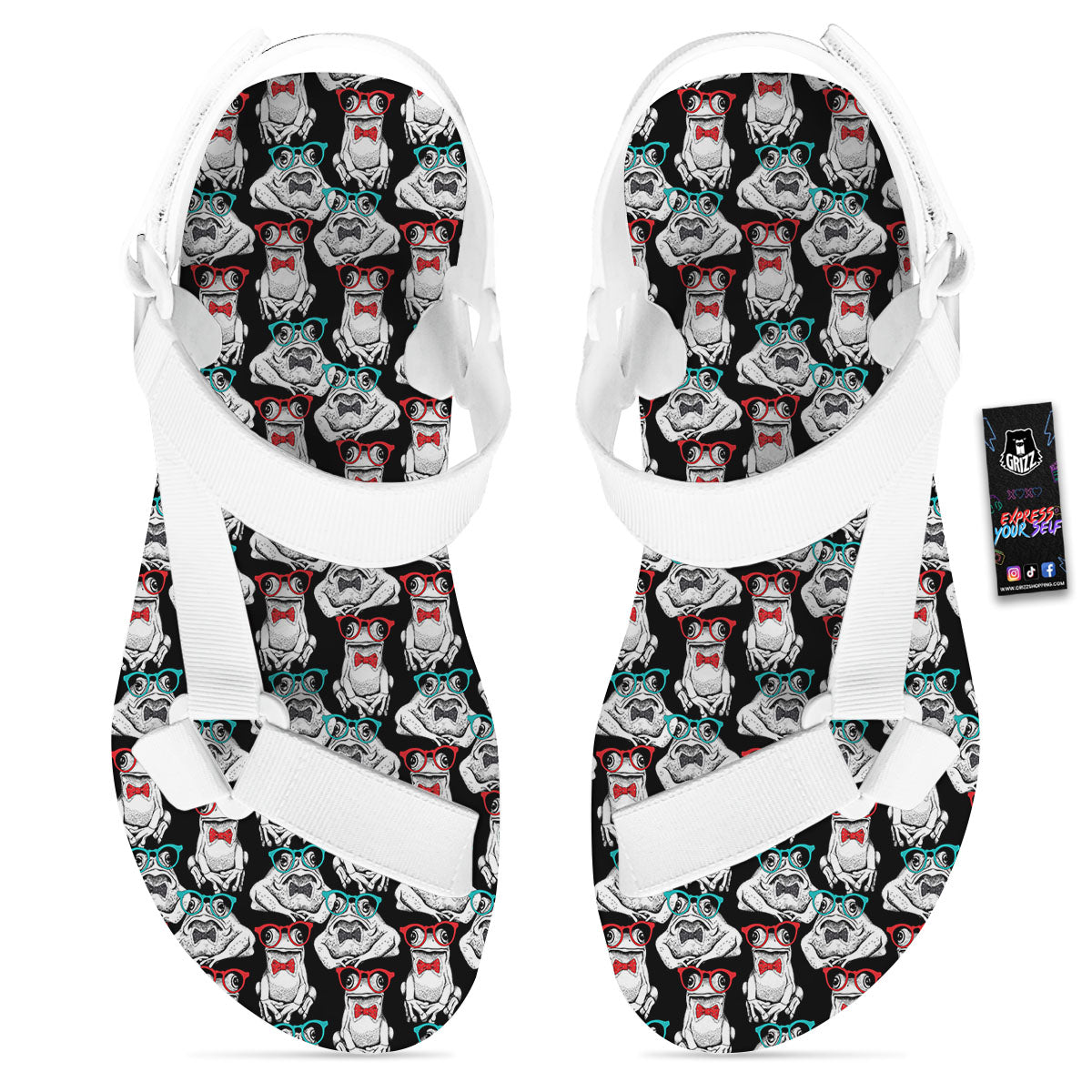 Hipster Frog Print Pattern White Open Toe Sandals-grizzshop