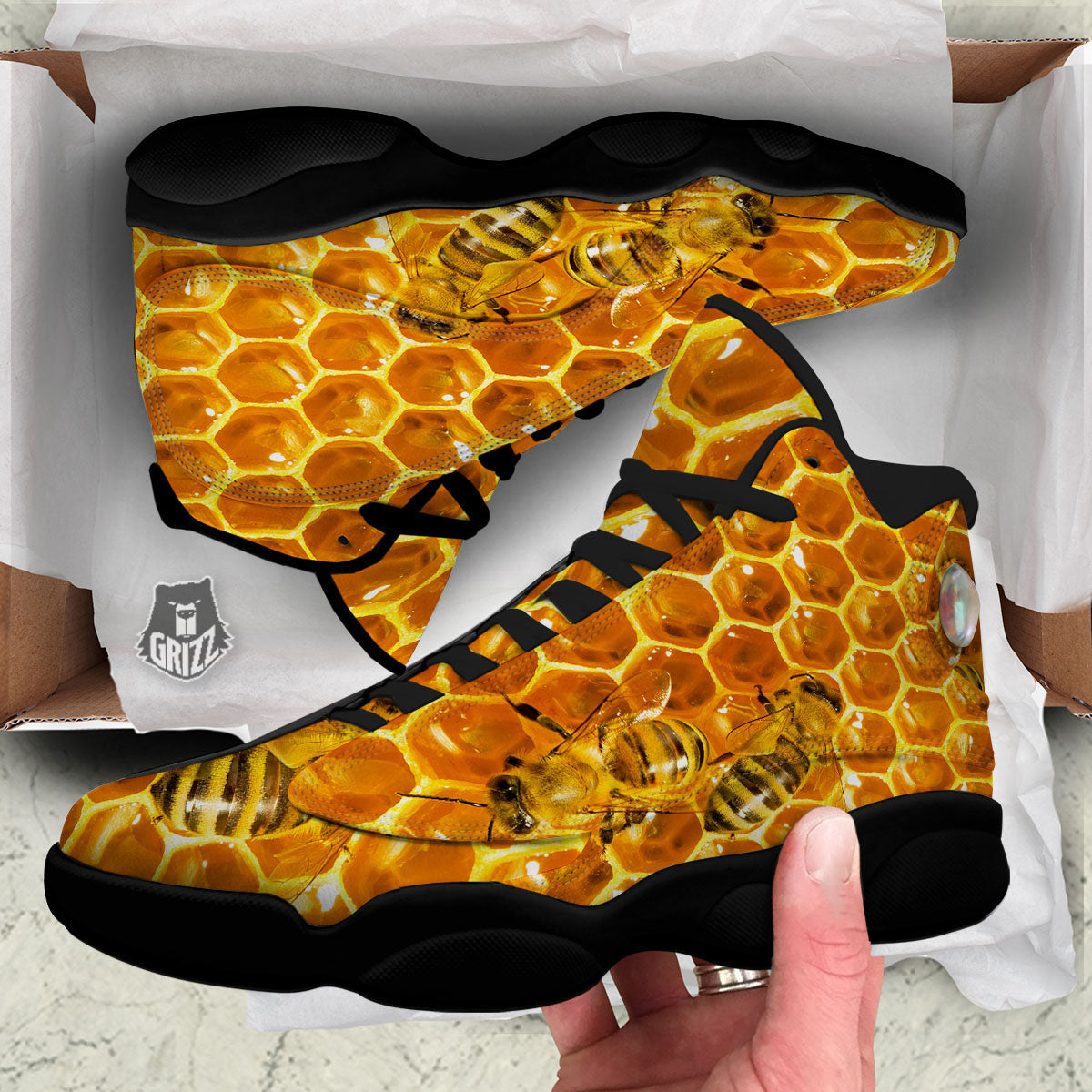 Hive Honey Bee Print Black Basketball Shoes-grizzshop