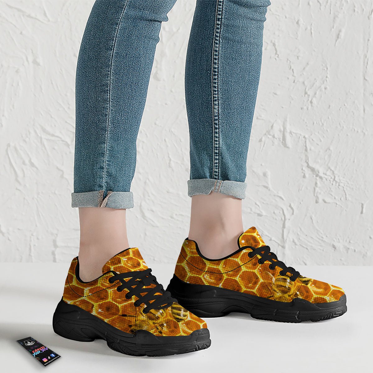 Hive Honey Bee Print Black Chunky Shoes-grizzshop