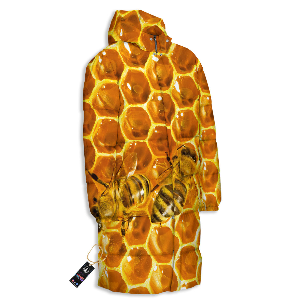 Hive Honey Bee Print Long Down Jacket-grizzshop