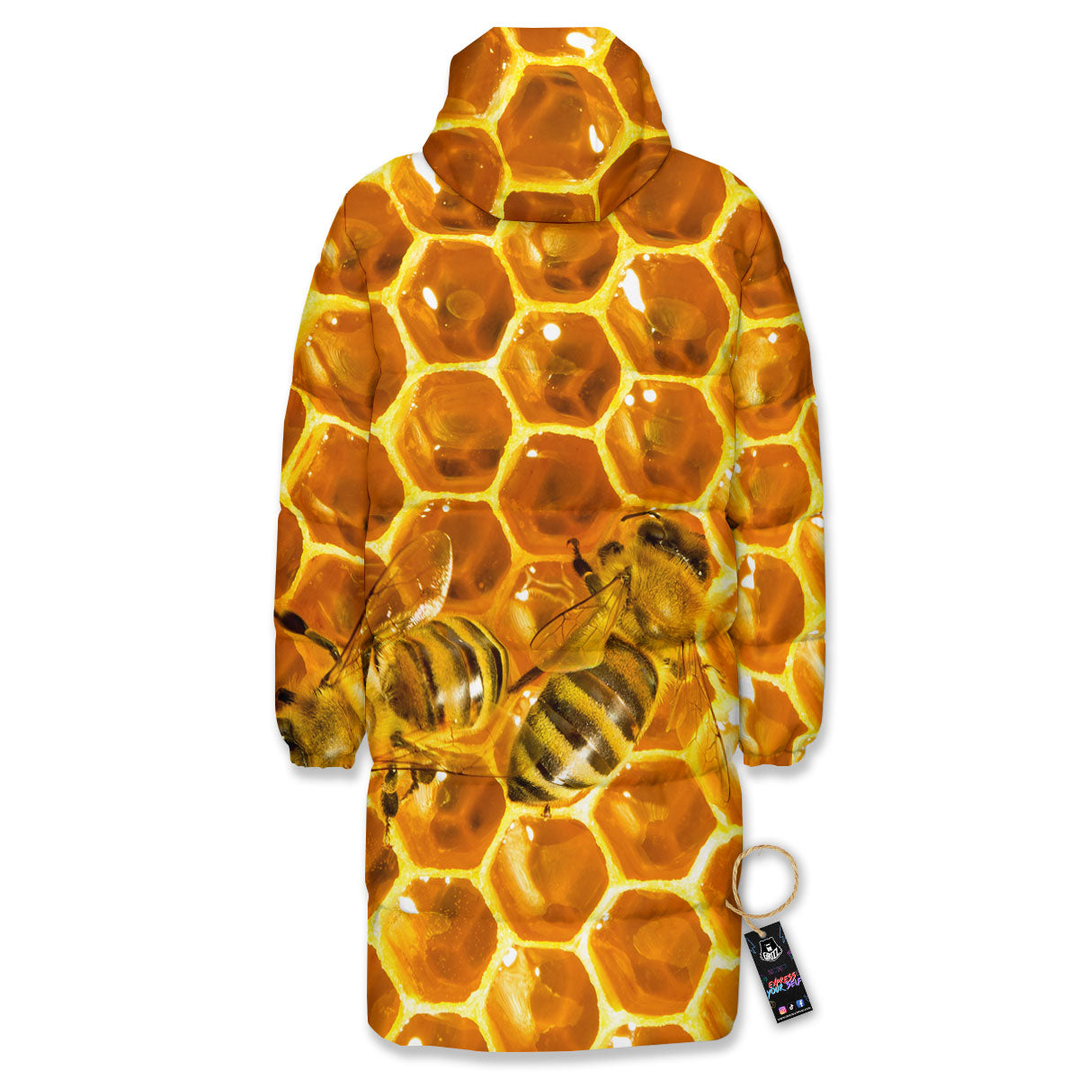 Hive Honey Bee Print Long Down Jacket-grizzshop