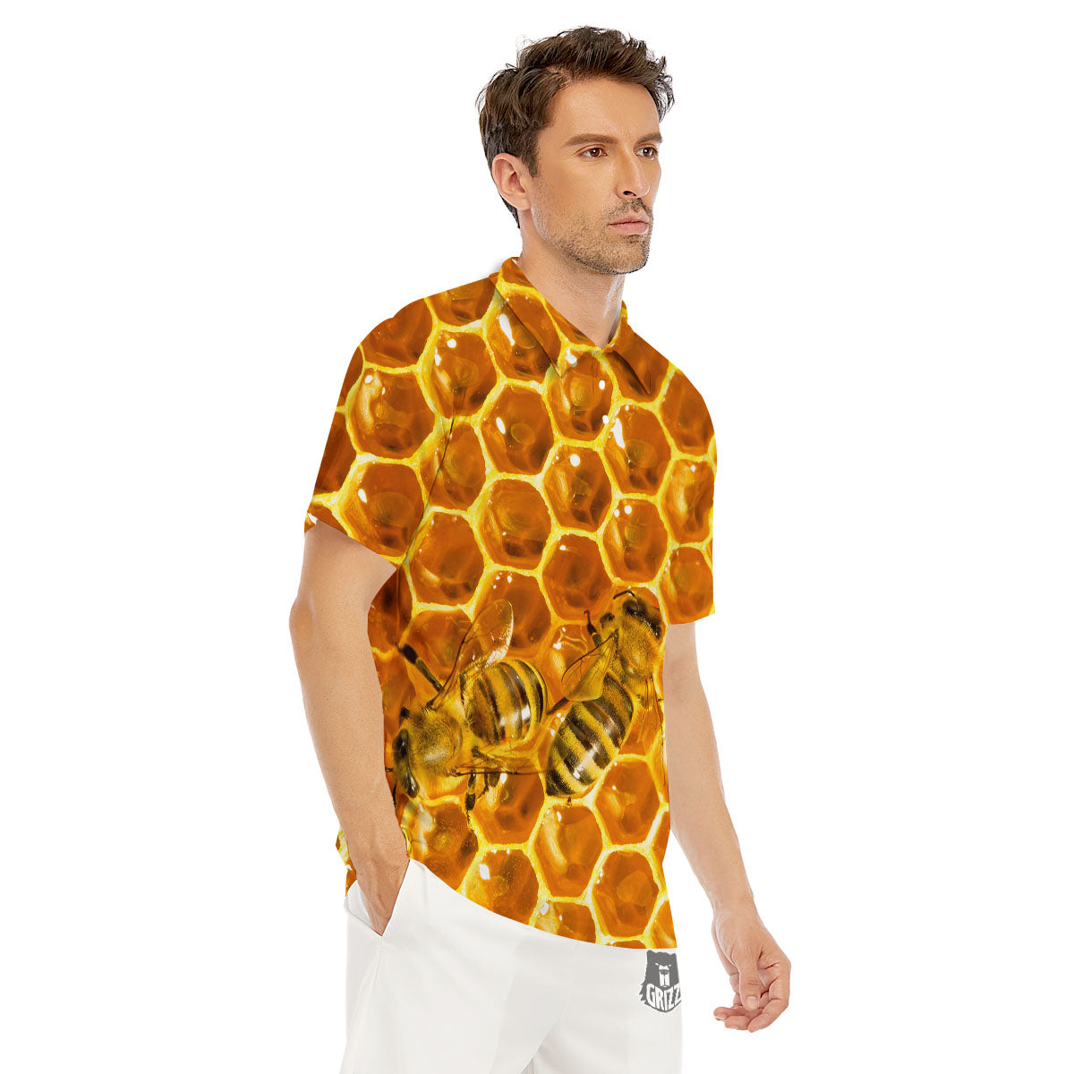 Hive Honey Bee Print Men's Golf Shirts-grizzshop