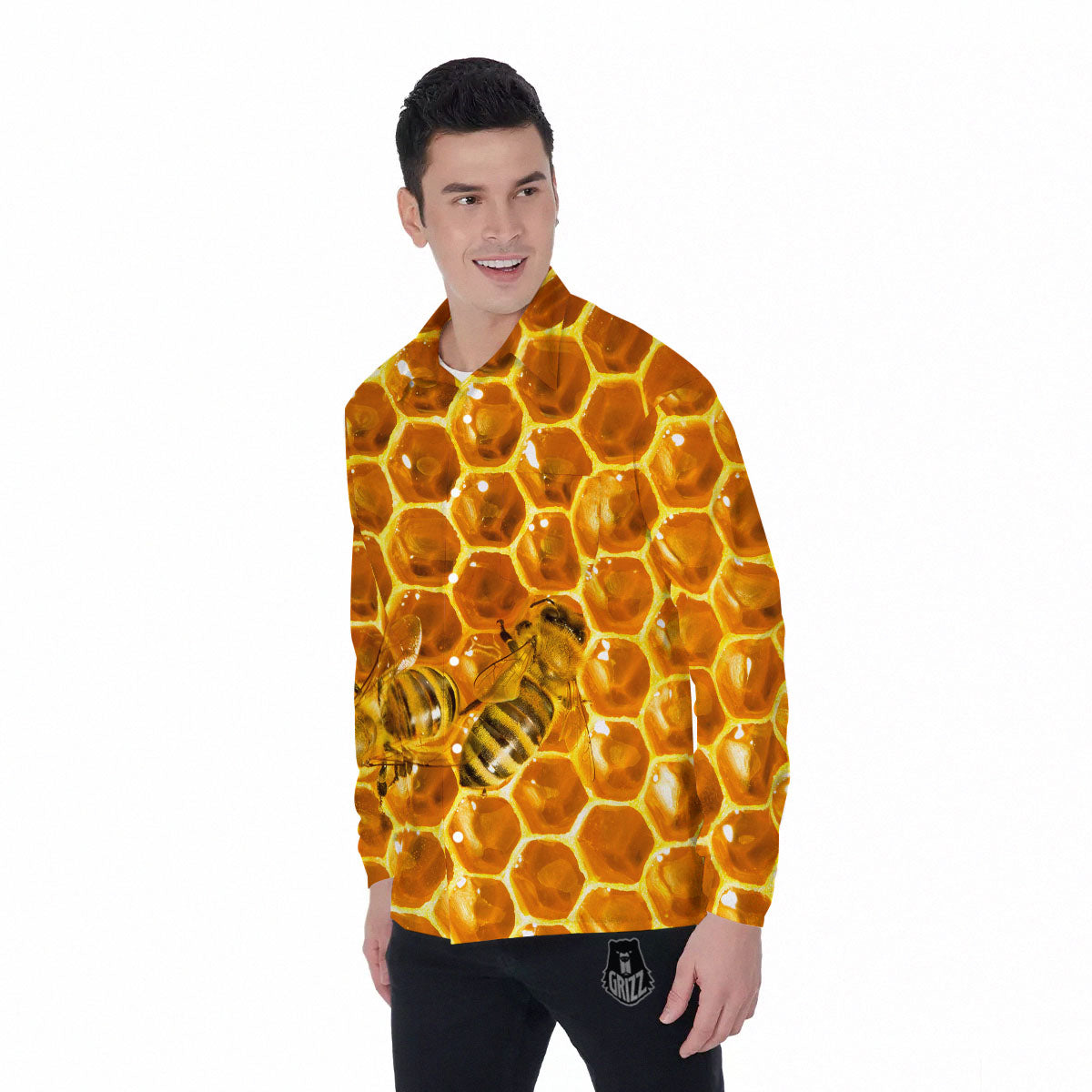 Hive Honey Bee Print Men's Long Sleeve Shirts-grizzshop