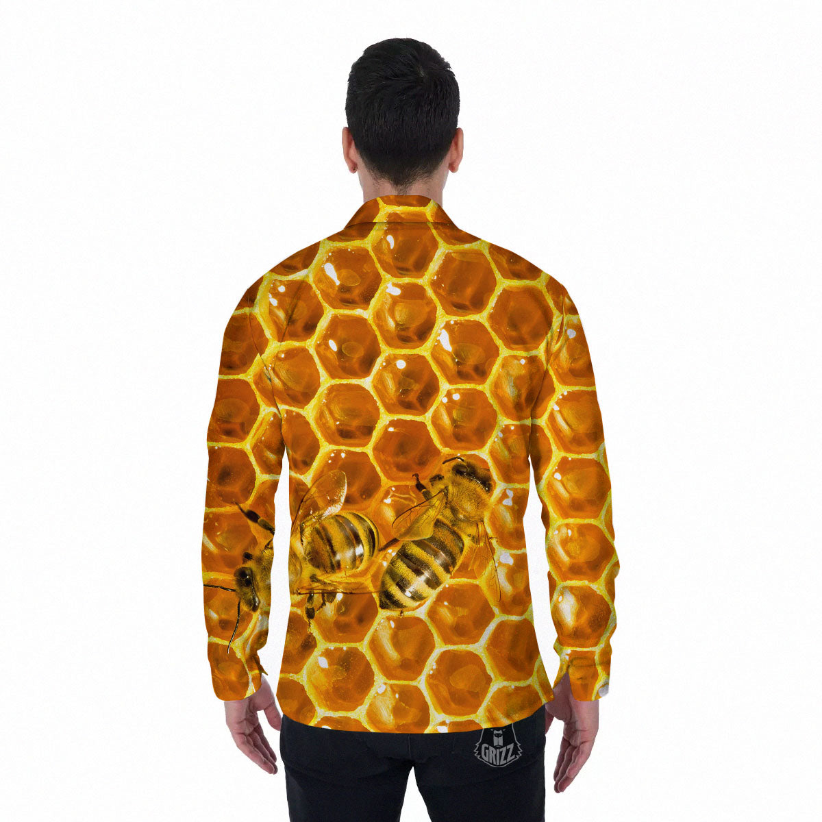 Hive Honey Bee Print Men's Long Sleeve Shirts-grizzshop