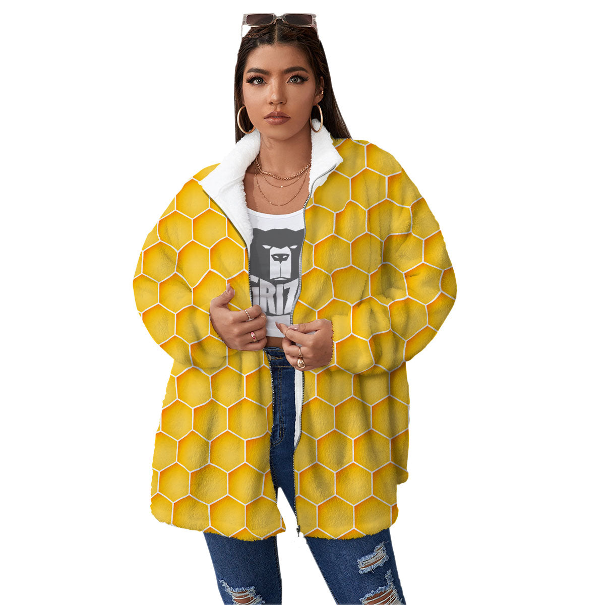Hive Honey Bee Print Pattern Women's Sherpa Jacket-grizzshop
