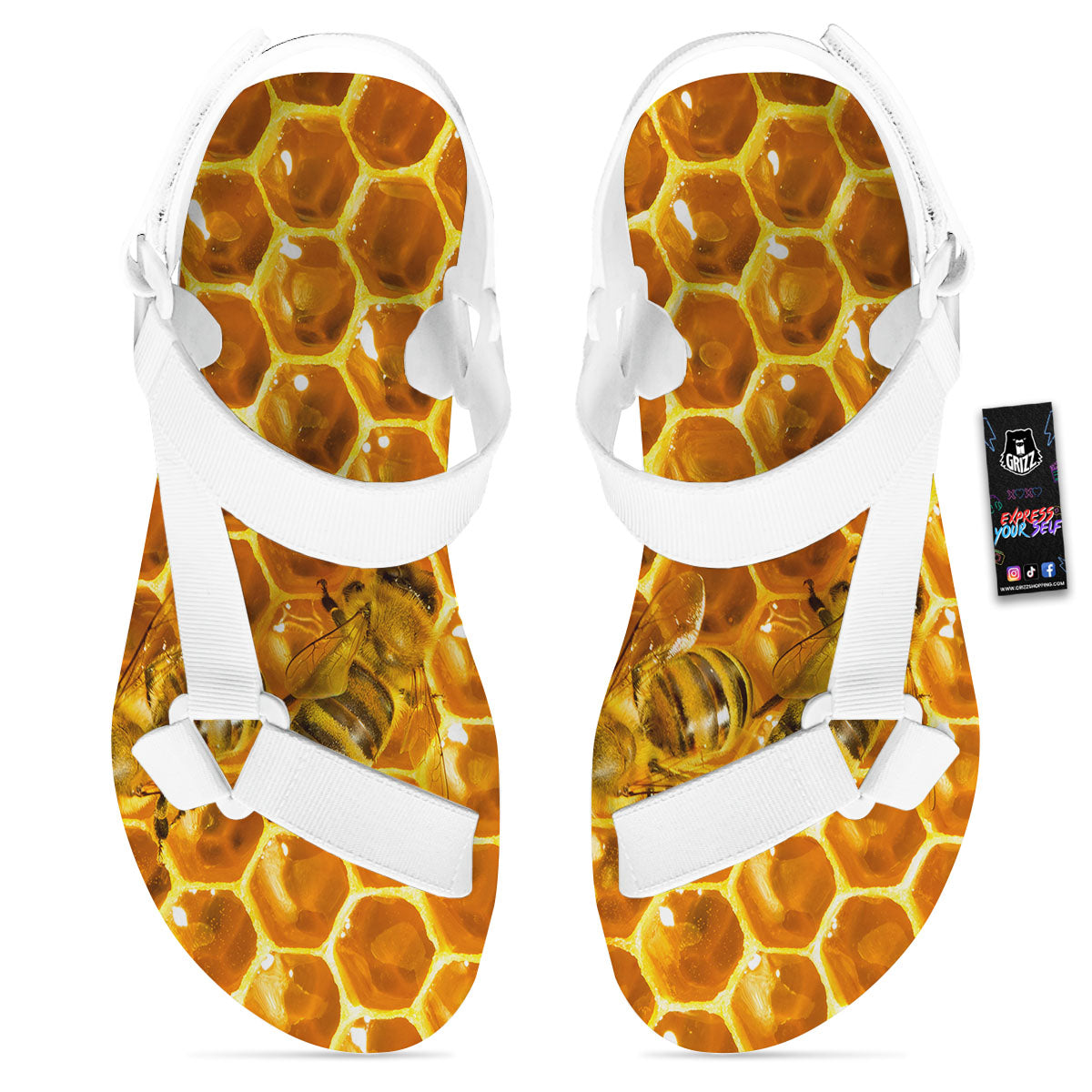 Hive Honey Bee Print White Open Toe Sandals-grizzshop