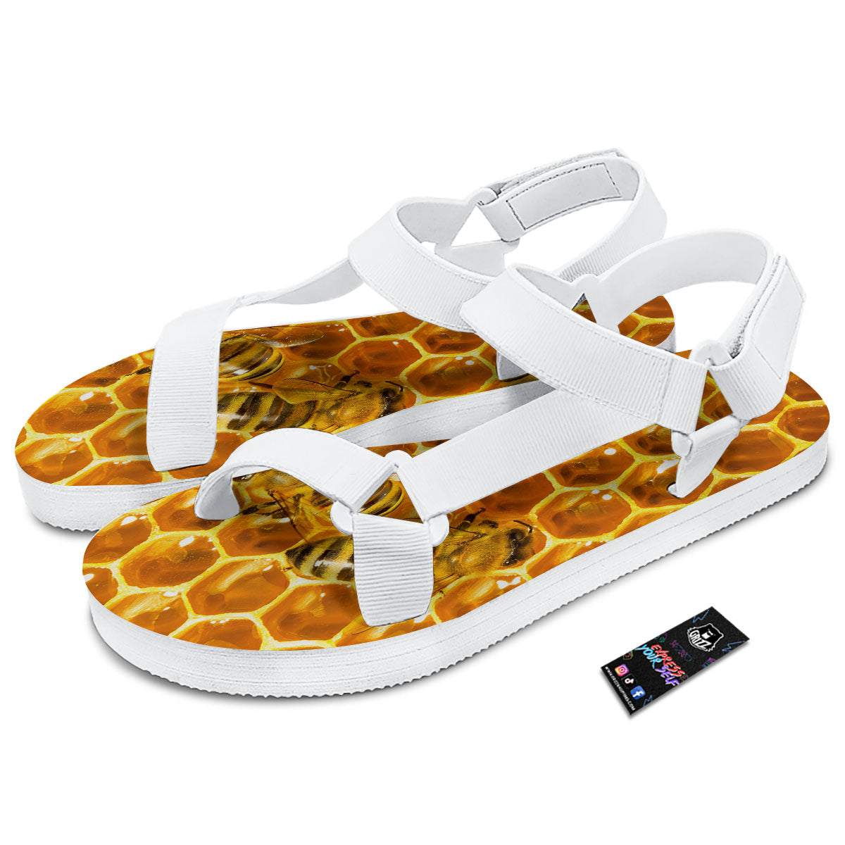 Hive Honey Bee Print White Open Toe Sandals-grizzshop