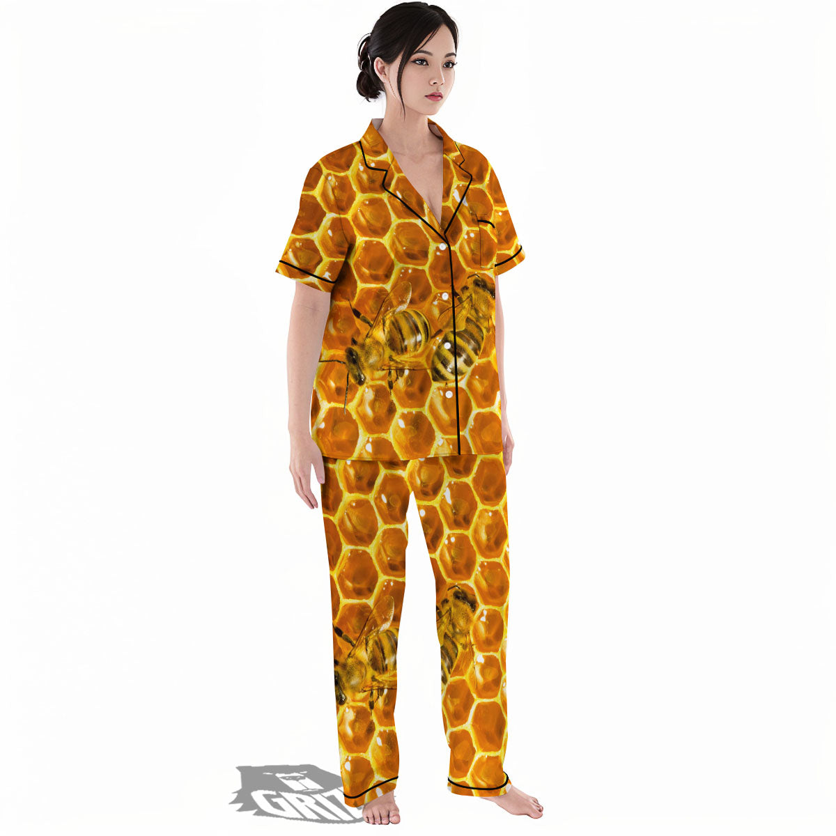 Hive Honey Bee Print Women's Pajamas Set-grizzshop
