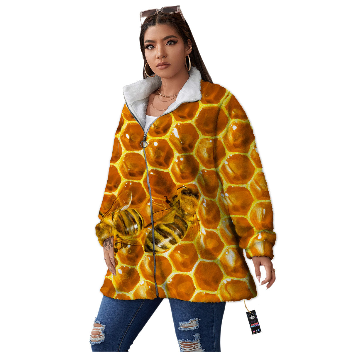 Hive Honey Bee Print Women's Sherpa Jacket-grizzshop