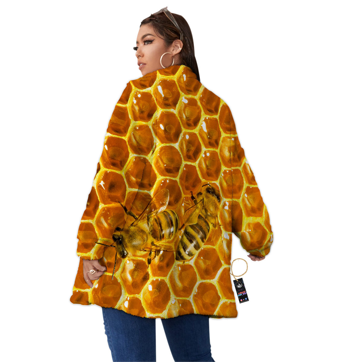 Hive Honey Bee Print Women's Sherpa Jacket-grizzshop