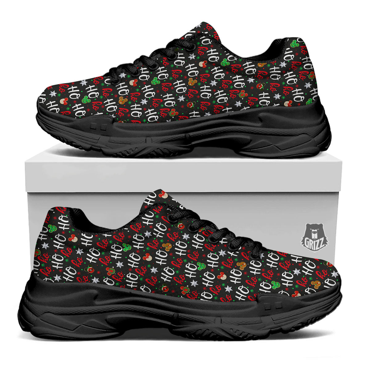 Ho Ho Ho Christmas Print Pattern Black Chunky Shoes-grizzshop