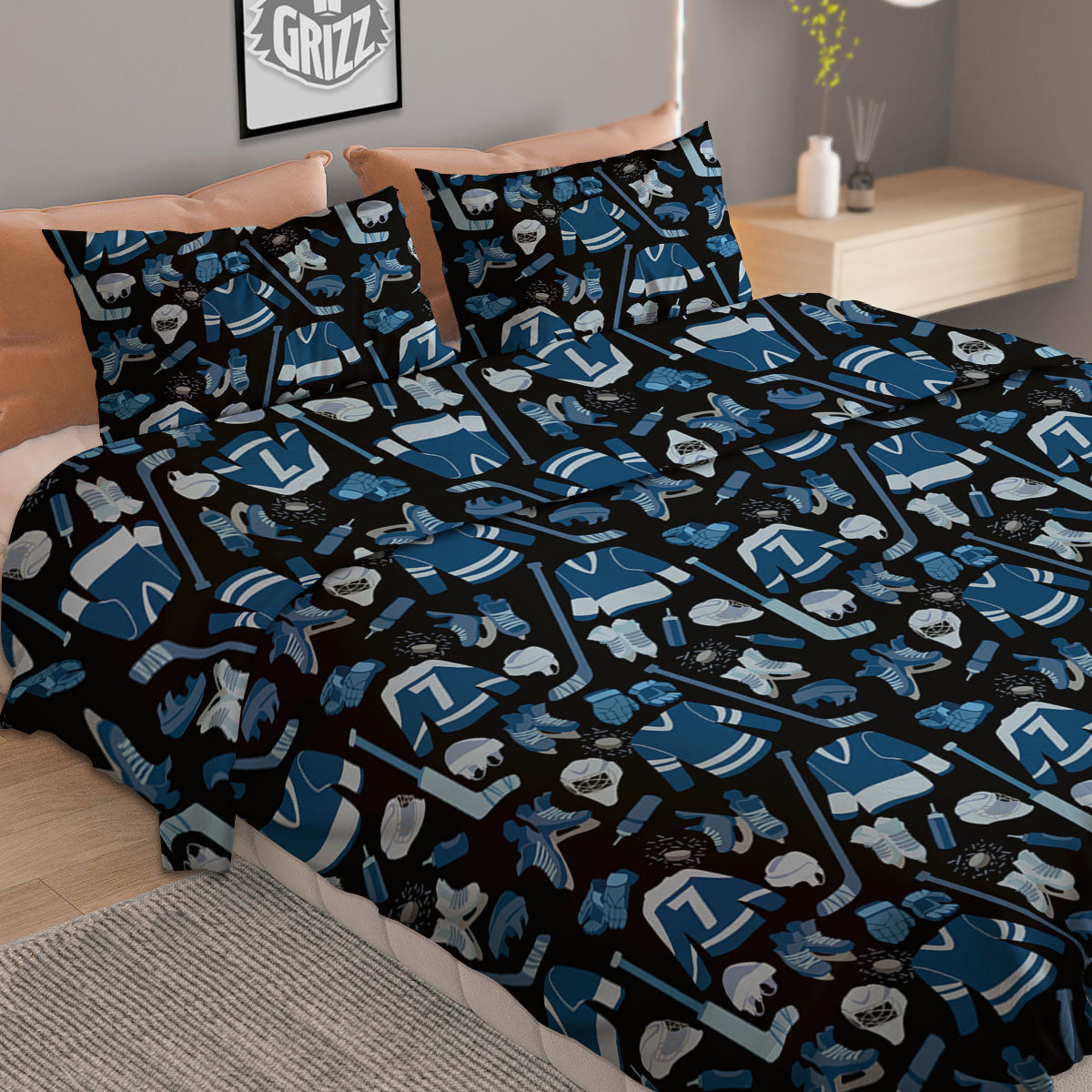 Hockey Equipment Print Pattern Duvet Cover Bedding Set