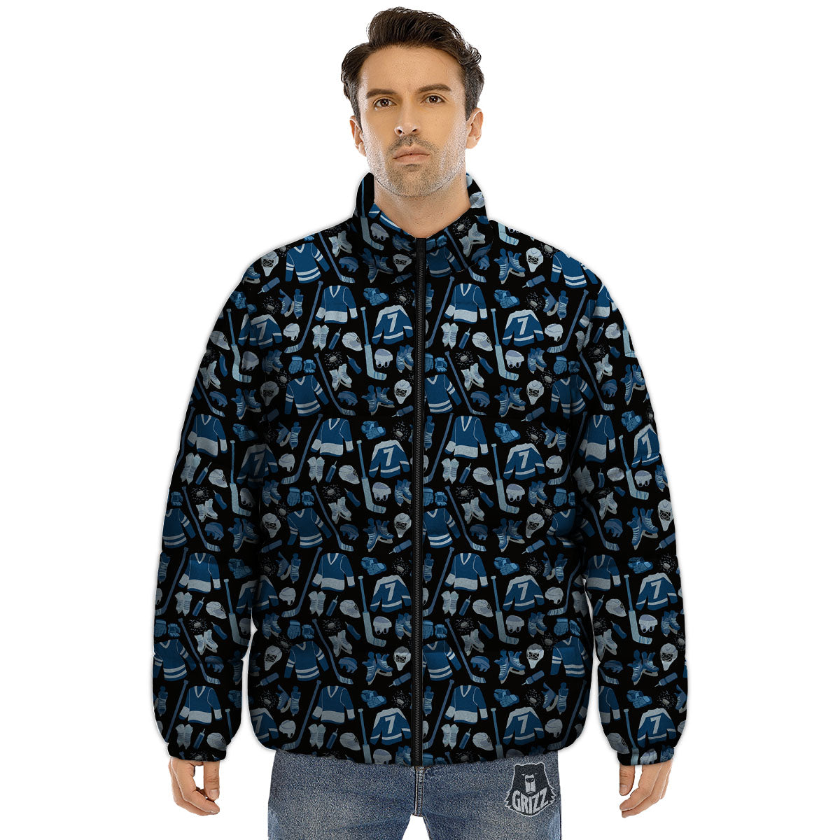 Hockey Equipment Print Pattern Puffer Jacket-grizzshop