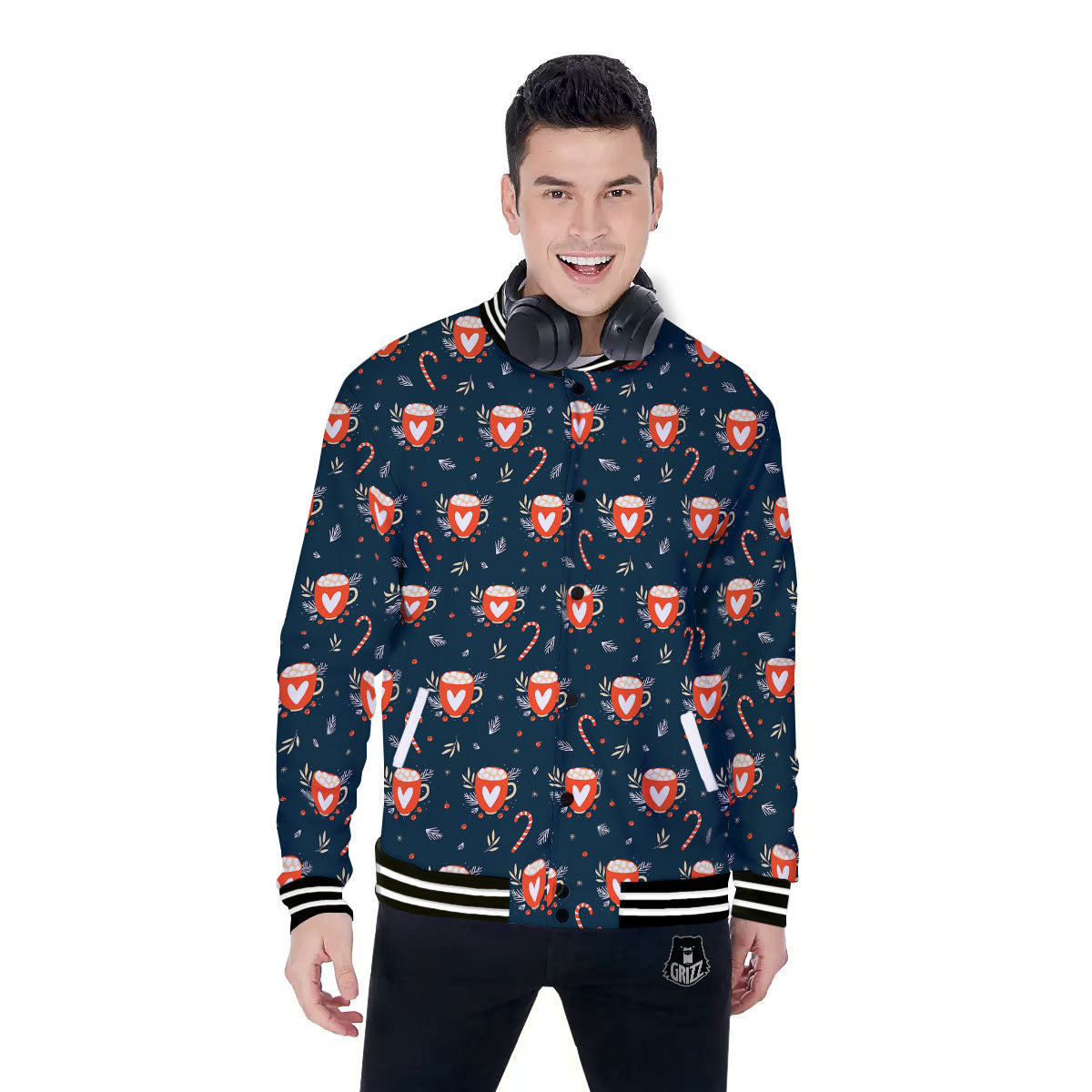 Holiday Christmas Cup Print Pattern Baseball Jacket-grizzshop