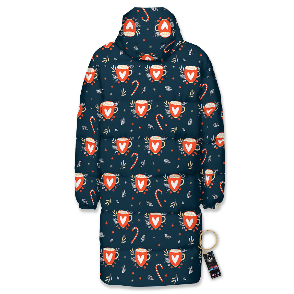 Holiday Christmas Cup Print Pattern Long Down Jacket-grizzshop