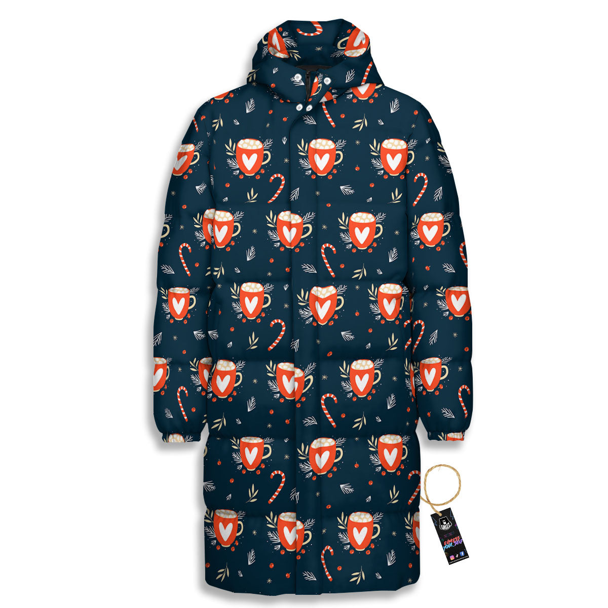 Holiday Christmas Cup Print Pattern Long Down Jacket-grizzshop