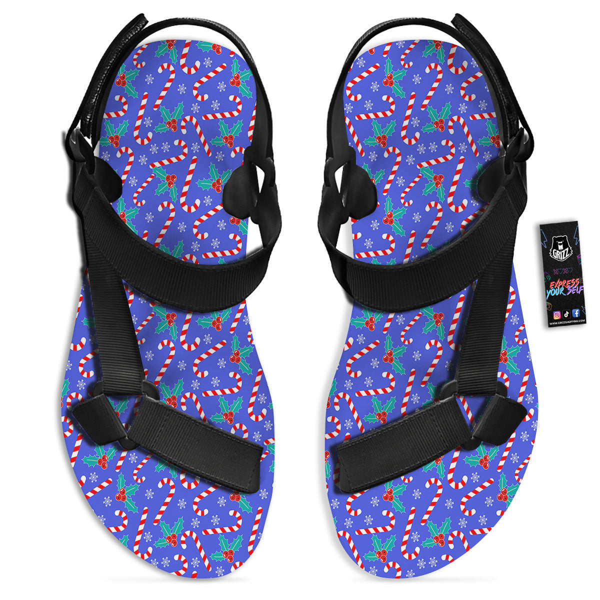 Holly Berry And Candy Cane Christmas Print Pattern Black Open Toe Sandals-grizzshop