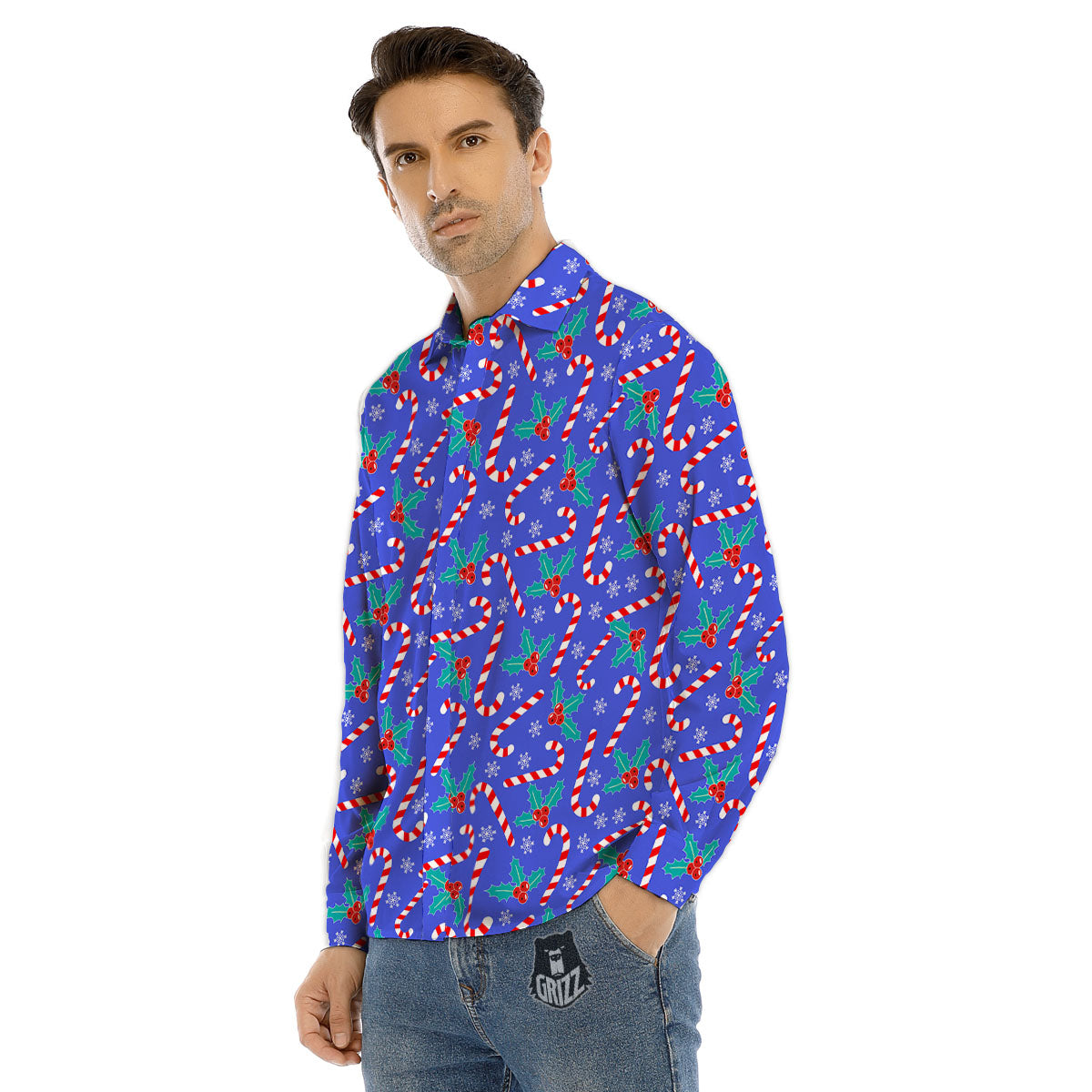 Holly Berry And Candy Cane Christmas Print Pattern Men's Dress Shirts-grizzshop