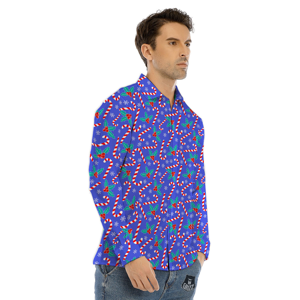 Holly Berry And Candy Cane Christmas Print Pattern Men's Dress Shirts-grizzshop