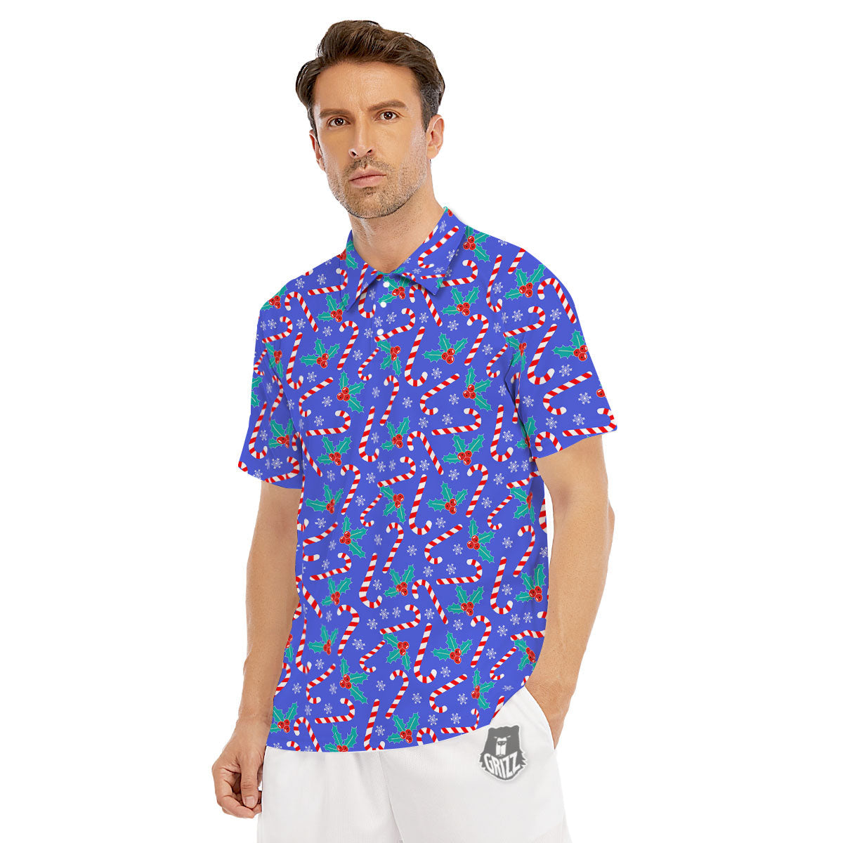 Holly Berry And Candy Cane Christmas Print Pattern Men's Golf Shirts-grizzshop