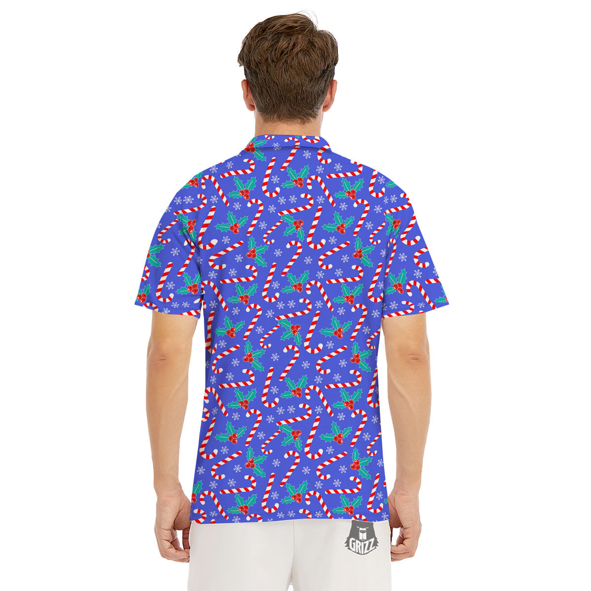 Holly Berry And Candy Cane Christmas Print Pattern Men's Golf Shirts-grizzshop
