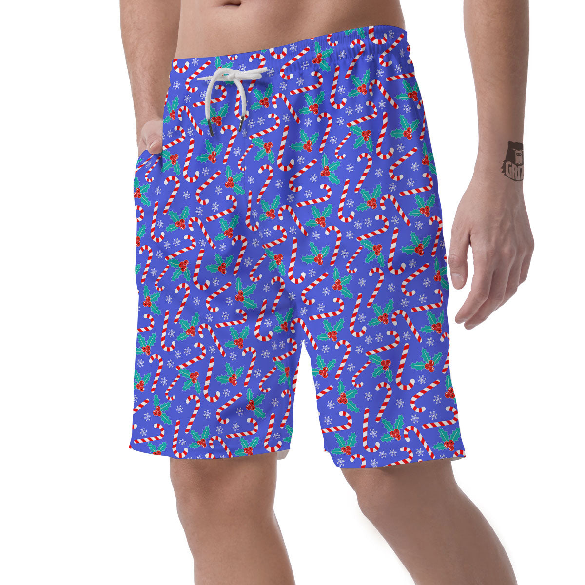 Holly Berry And Candy Cane Christmas Print Pattern Men's Shorts-grizzshop
