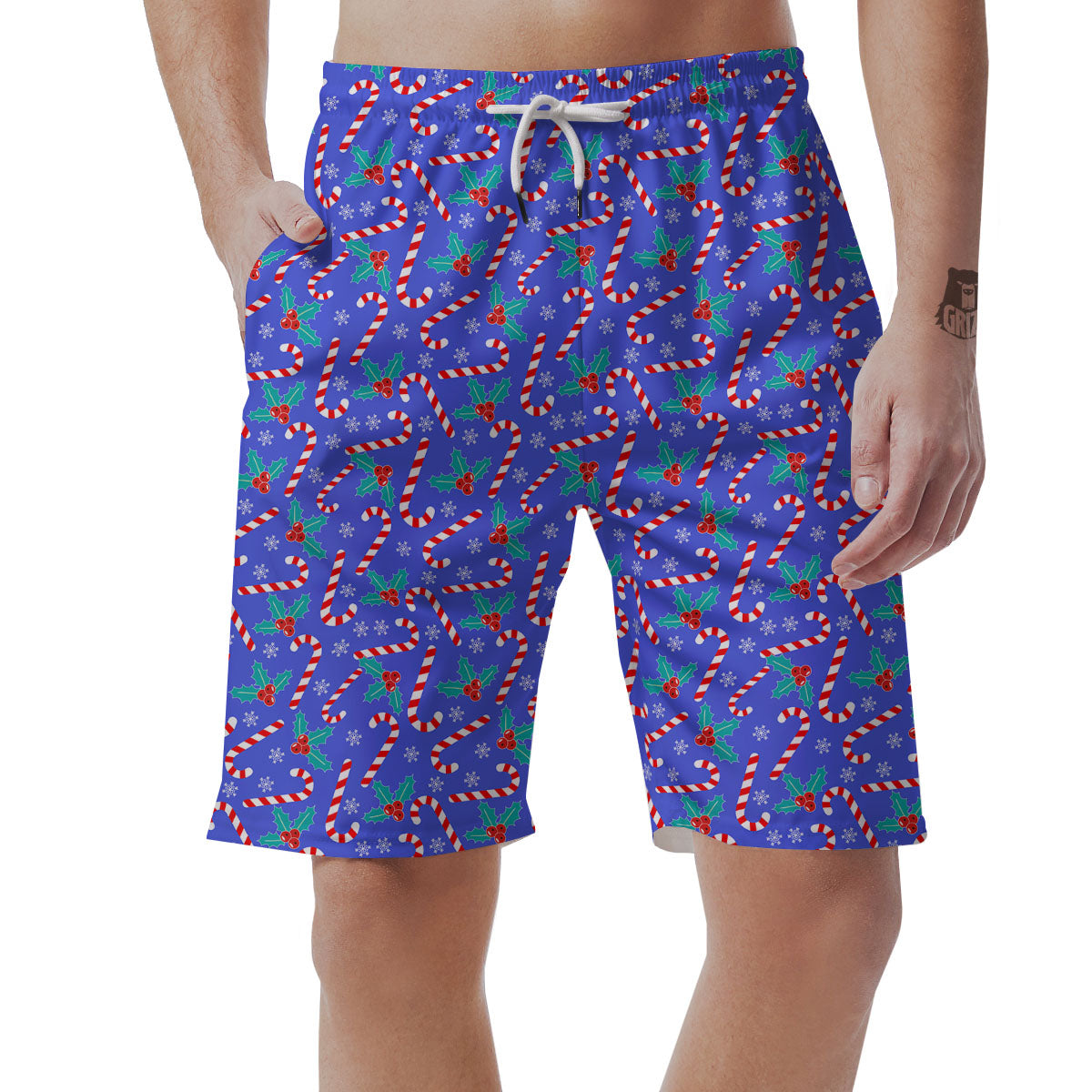 Holly Berry And Candy Cane Christmas Print Pattern Men's Shorts-grizzshop