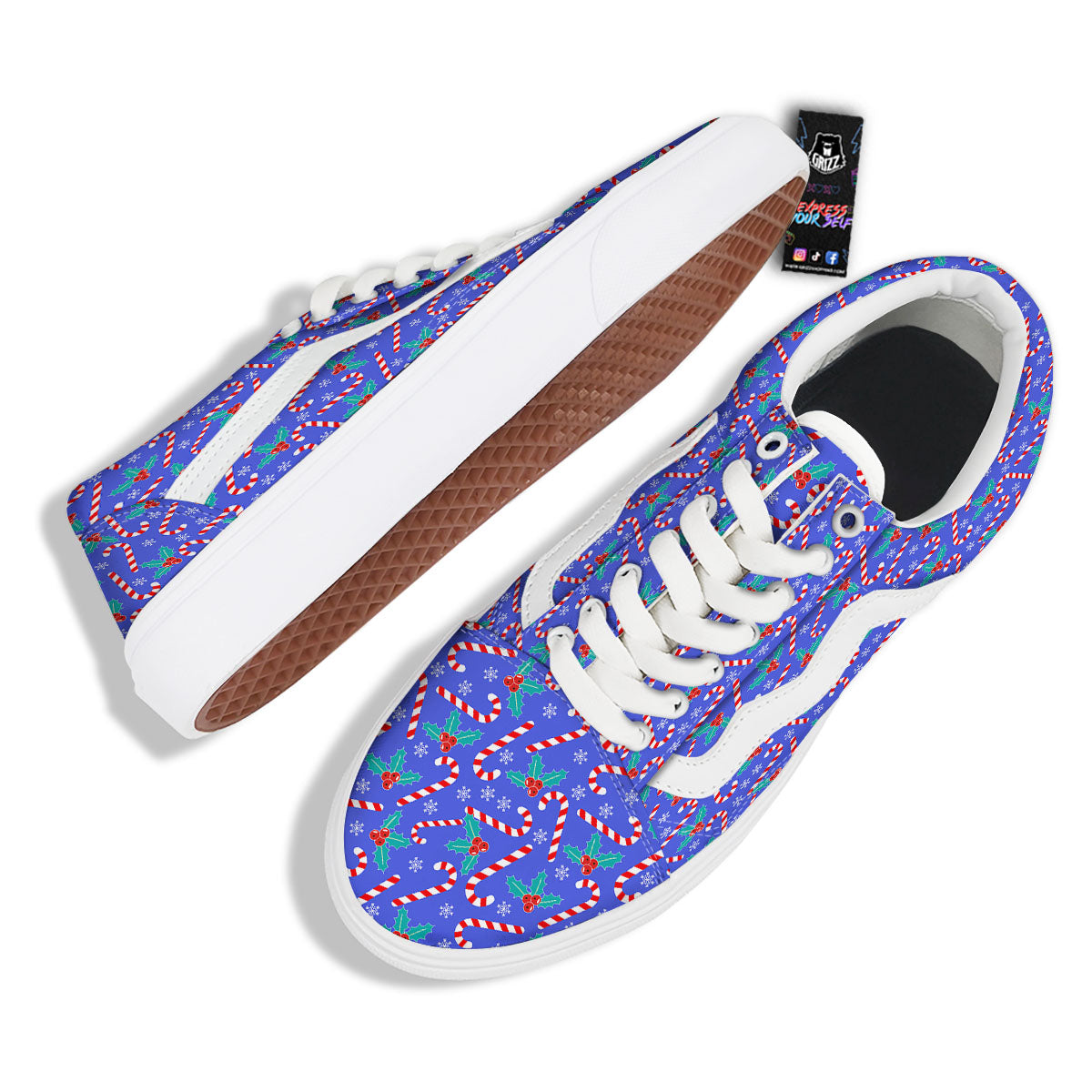 Holly Berry And Candy Cane Christmas Print Pattern Skate Shoes-grizzshop