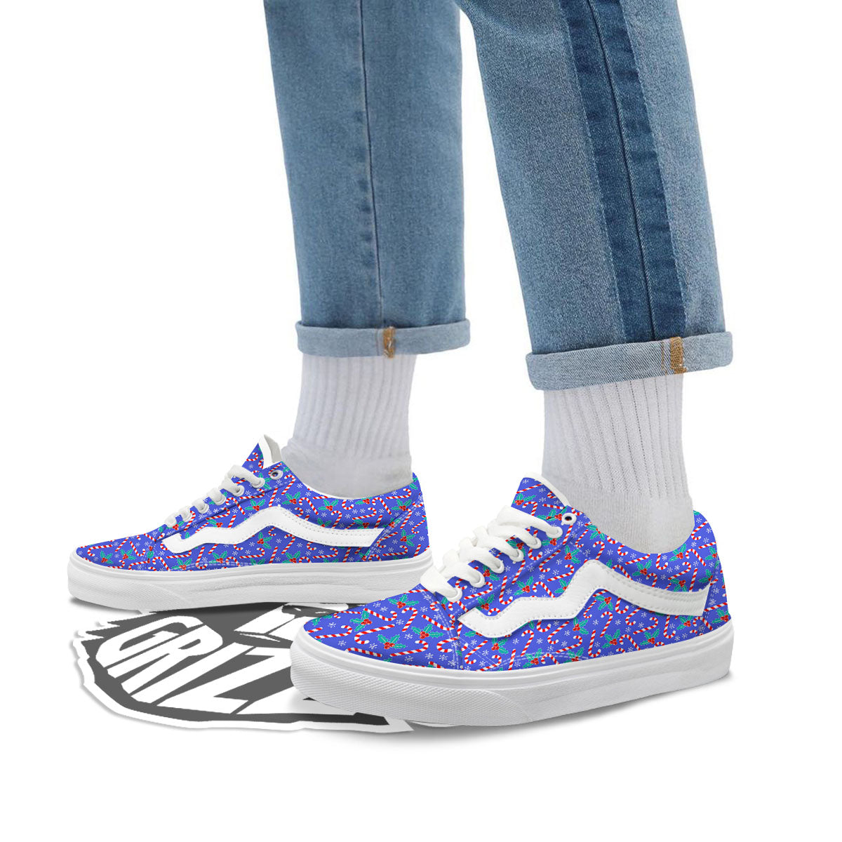 Holly Berry And Candy Cane Christmas Print Pattern Skate Shoes-grizzshop