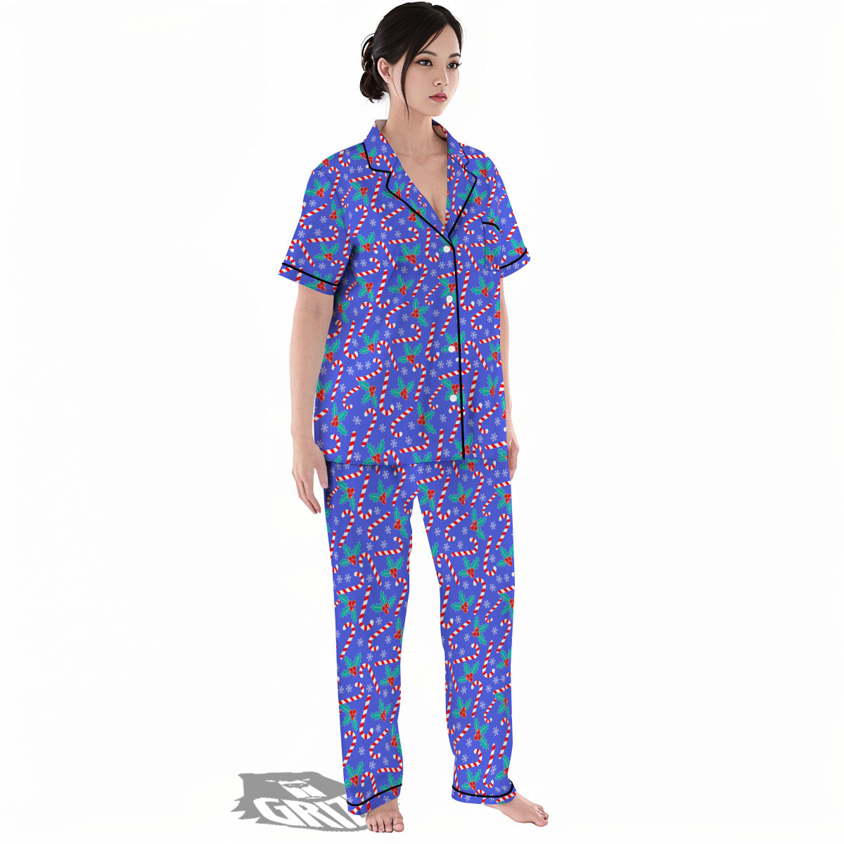 Holly Berry And Candy Cane Christmas Print Pattern Women's Pajamas Set-grizzshop