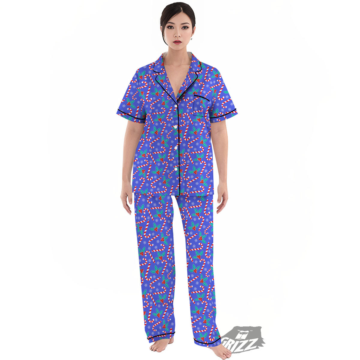 Holly Berry And Candy Cane Christmas Print Pattern Women's Pajamas Set-grizzshop