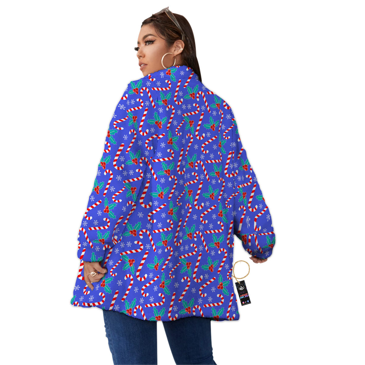 Holly Berry And Candy Cane Christmas Print Pattern Women's Sherpa Jacket-grizzshop