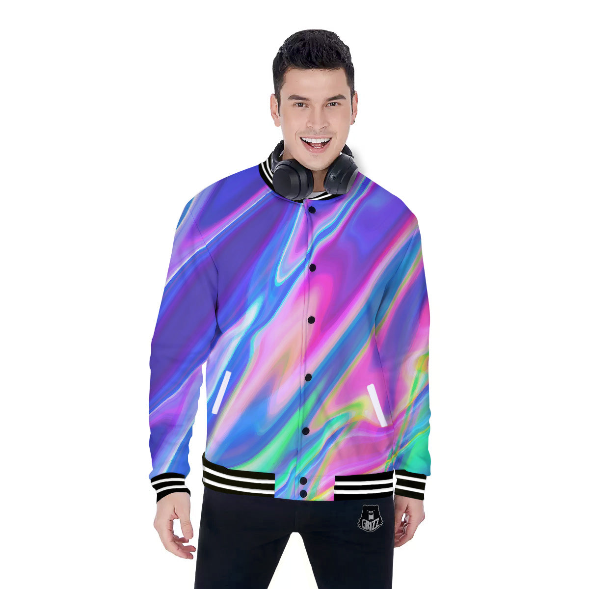 Holographic Bright Print Baseball Jacket-grizzshop