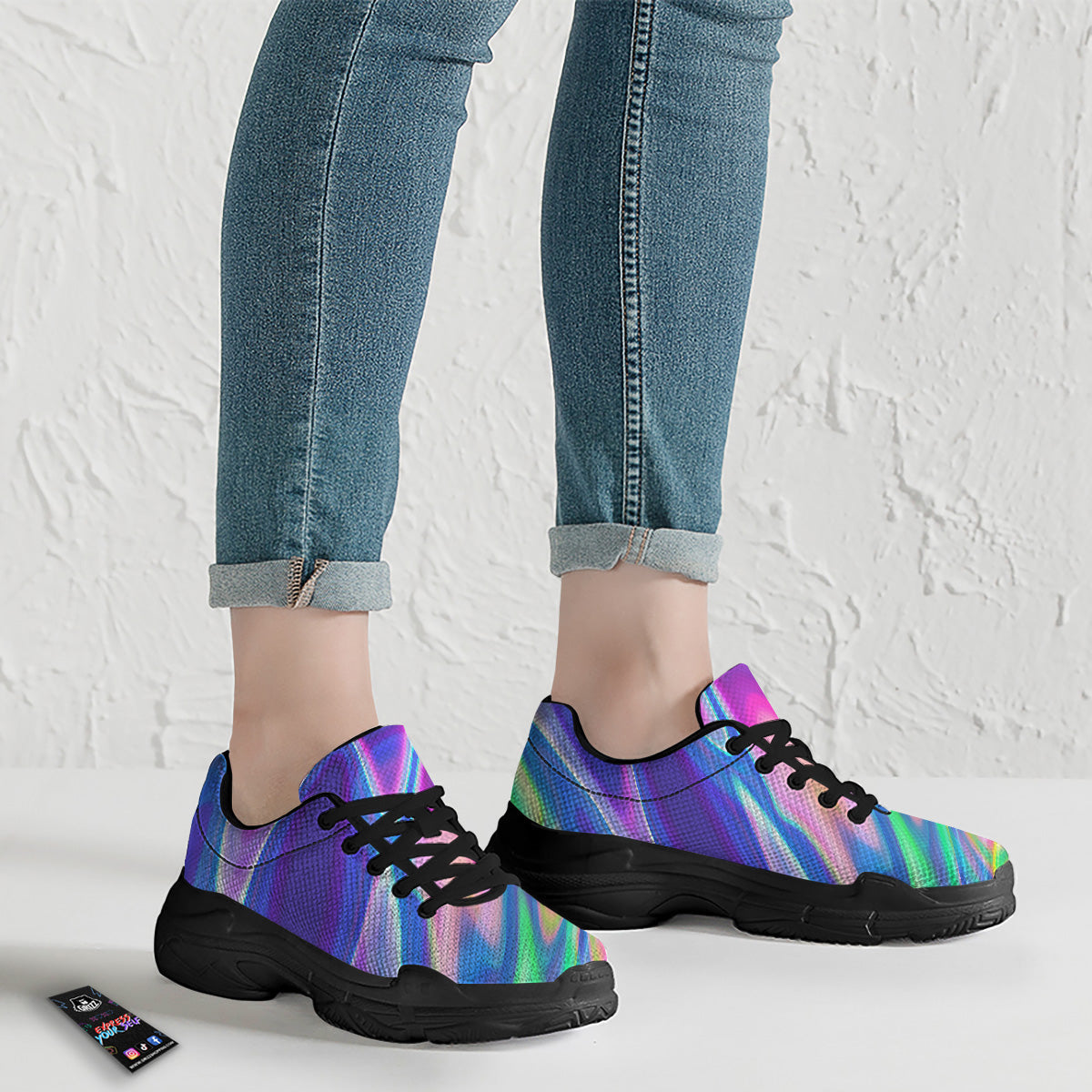 Holographic Bright Print Black Chunky Shoes-grizzshop