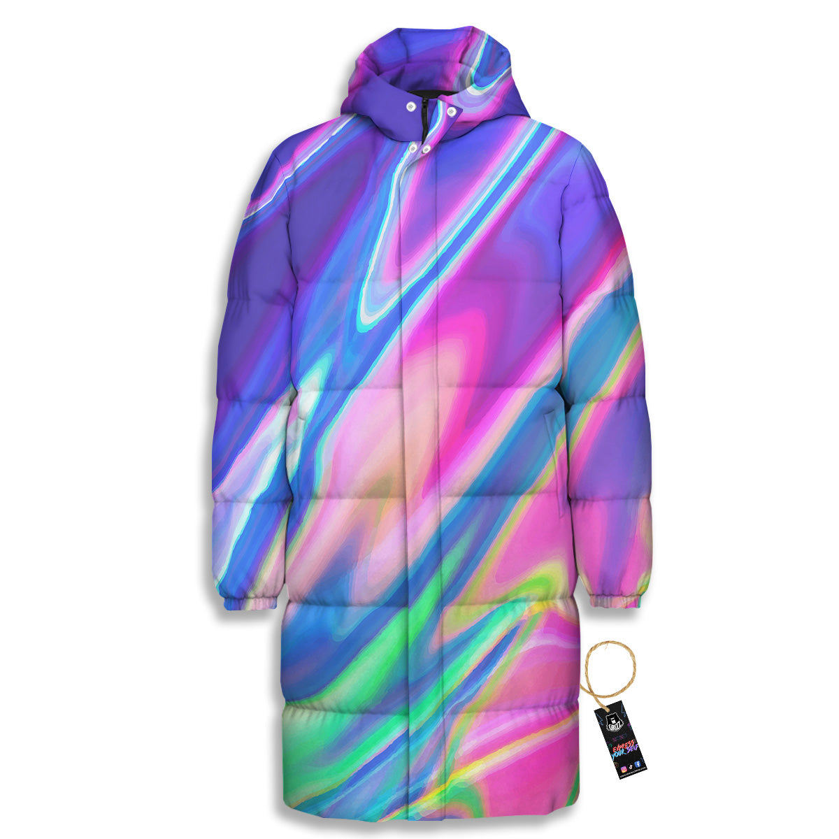 Holographic Bright Print Long Down Jacket-grizzshop