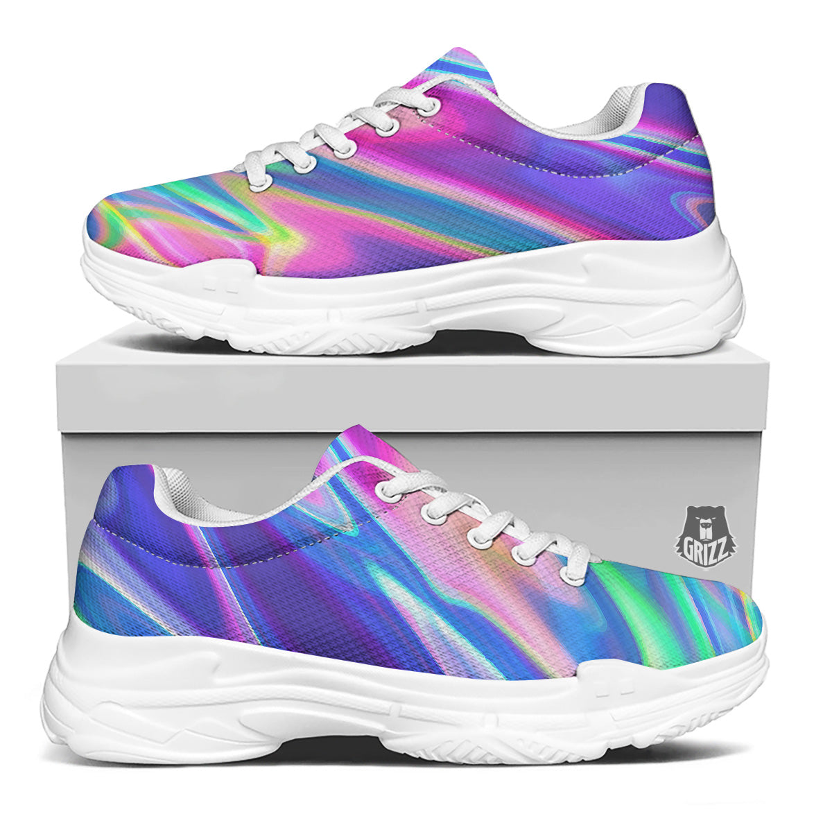 Holographic Bright Print White Chunky Shoes-grizzshop