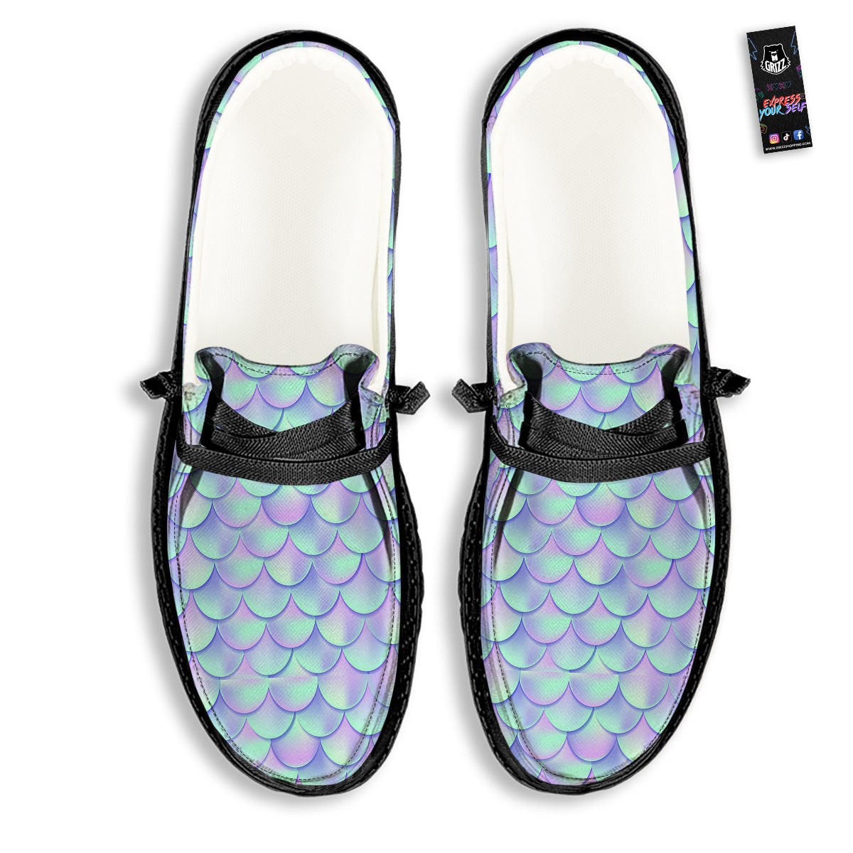 Holographic Mermaid Tail Print Pattern Black Loafers-grizzshop