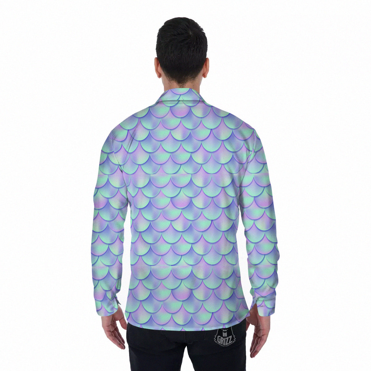 Holographic Mermaid Tail Print Pattern Men's Long Sleeve Shirts-grizzshop